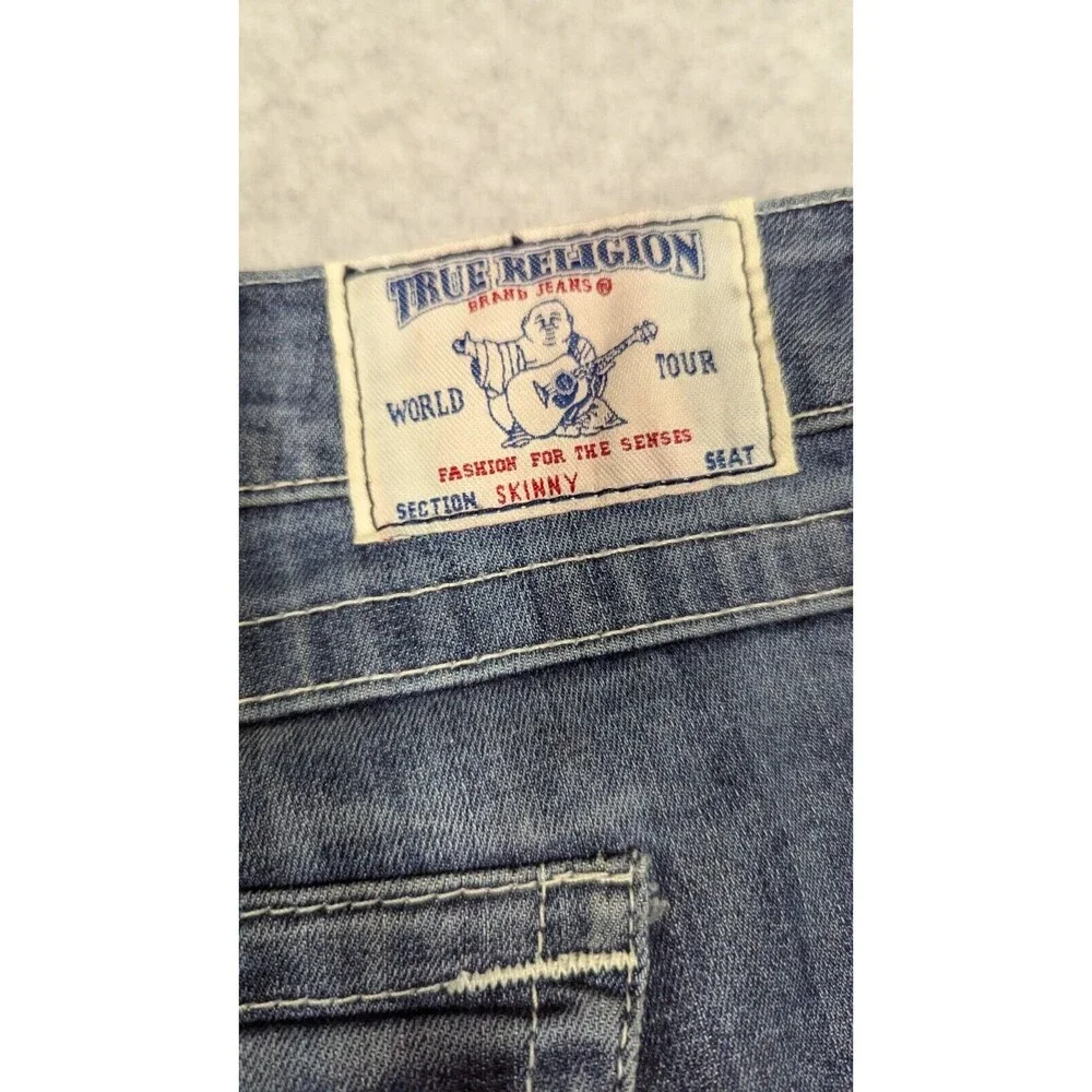 True Religion Men Jeans 36x30 Skinny Whiskering Flap Pockets Light Distress Dark